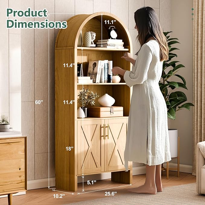 Arch Storage Cabinet with Beech-Wooden Door, 60” Cute Arched Display Cabinet, 4 Tier Farmhouse Buffet Cabinets with Storage for Dining Room, Living Room, Home Office or Kitchen (Oak)