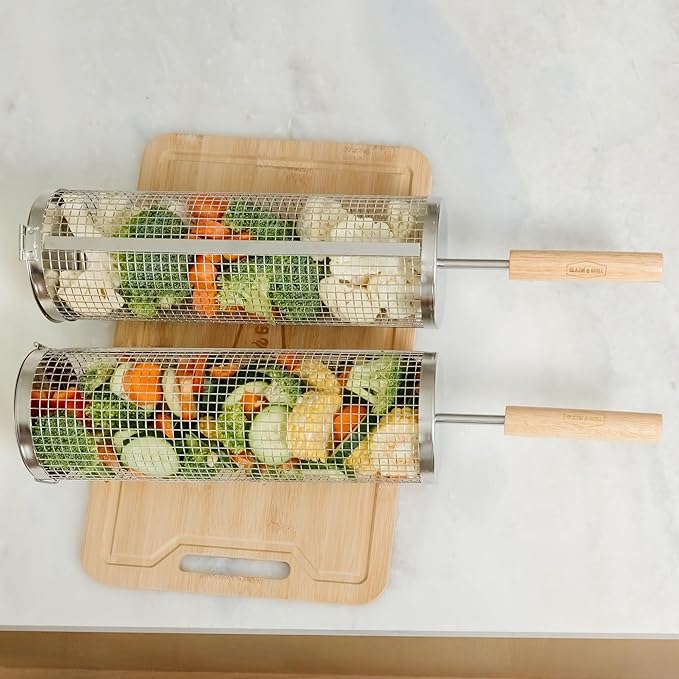 BLAZIN' GRILL Rolling Grill Basket with Removable Handle | 2 x Grilling Basket & Smoker Accessories | Grill Baskets for Outdoor Grill with BBQ Gloves | Barbecue Grill Baskets for Vegetables, Seafood & Meat