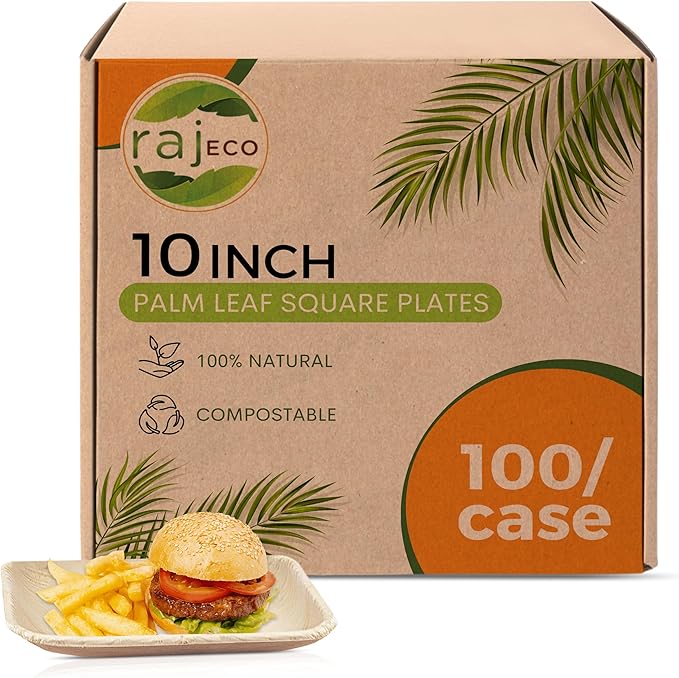 Raj Palm Leaf Plates Bulk [50-Pack] 10" Square Plates (2 CASES - 100 PACK) like Bamboo plates Disposable, Strong, Decorative Compostable Tableware for weddings, Lunch, Dinner, Birthday, Camping