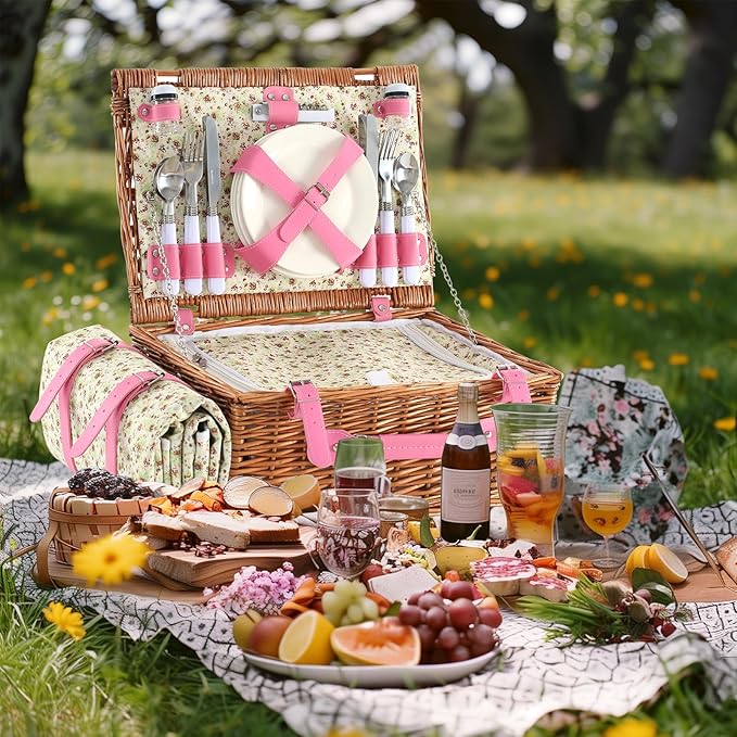 Picnic Basket Set for 4 with Waterproof Blanket Mat Insulation Bag Wicker Pink Floral Classic Fresh Gift for Wedding Birthday Summer Camp Outdoor Camping Beach Travel Christmas Thanksgiving