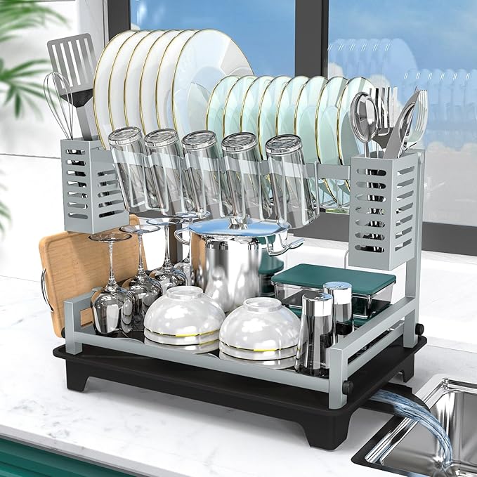 B-Land Dish Drying Rack, 2 Tier Dish Racks for Kitchen Counter, Large Dish Drying Rack with Drainboard & Utensil Holders, Rust-Proof Dish Drainers,Kitchen Organization