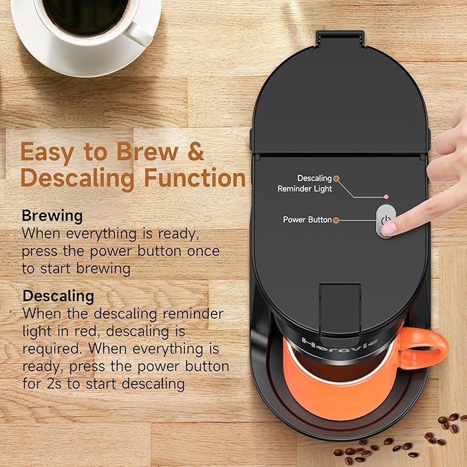 Small Single Serve Coffee Maker, Fast Brew One Cup Coffee Machine for K Cup and Grounds, 6 to 12 oz. Brew Sizes, Capsule Coffee Machine with Descaling Reminder and Viewing Tank, Black