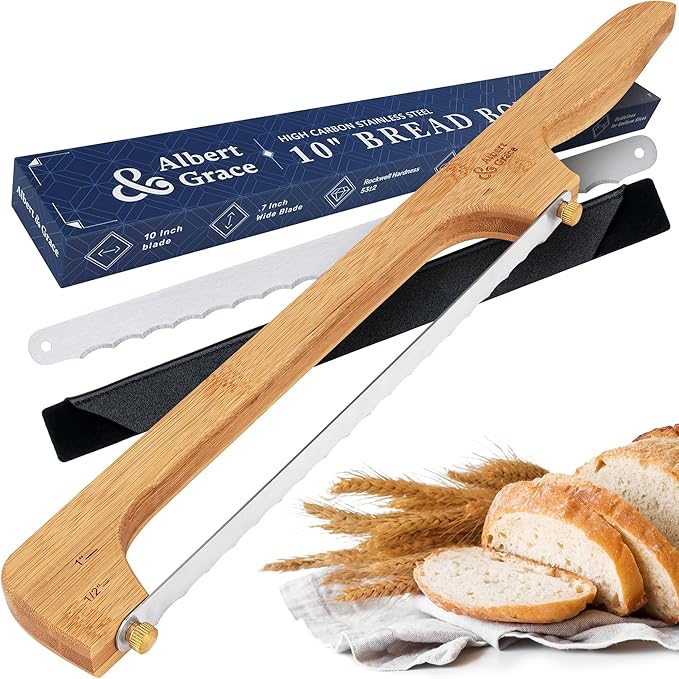 Albert&Grace Bread Bow Pro Knife – Serrated High-Carbon Blade with Sheath & Extra Blade, Thumbscrew Mount for Easy Swap, Right- or Left-Hand Use, Ideal for Sourdough & Bagels