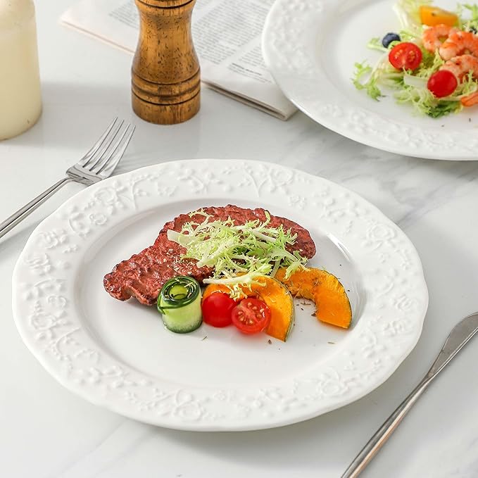 Neaylfe 10 inch Ceramic Dinner Plates, Set of 6, Embossed White Salad Plates, Round Kitchen Dining Plates for Restaurant, Porcelain Serving Dishes for Lunch, Pizza, Buffet, Steak, Bread
