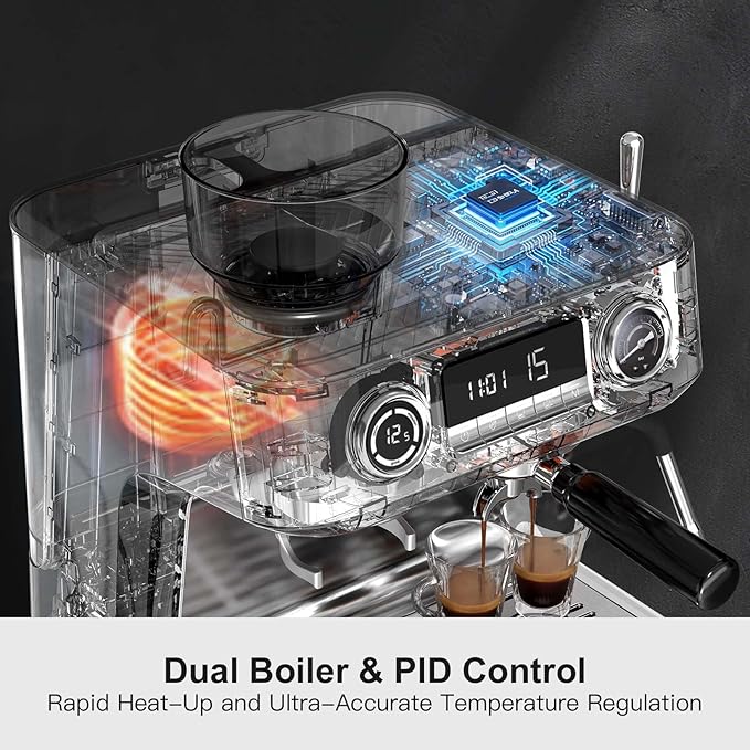 Kismile Dual Boiler Espresso Machine with Grinder, 20 Bar Espresso Maker with Milk Steamer & Hot Water, Dual LED Display, Pressure Gauge, Burr Grinder, coffee Machine for Home&Office, Stainless Steel