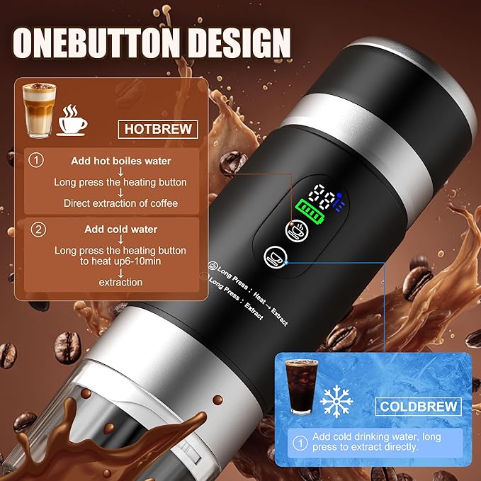 Portable Coffee Machine w/ 2 Rechargeable Batteries, 8 Cups, 80ml Self-Heating, 20bar, USB-C, Espresso coffee Maker for Camping Travel Office, Ground & Capsule Compatible