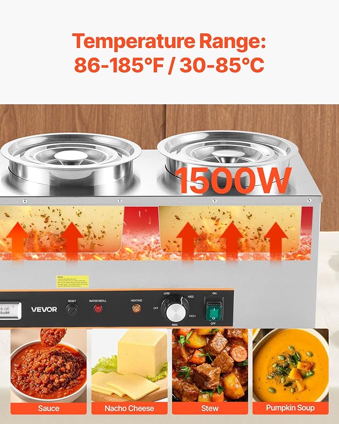 VEVOR Electric Soup Warmer, Three 6.34QT Stainless Steel Round Pot with 86~185°F Adjustable Temp, 1500W Commercial Bain Marie with Anti-Dry Burn and Reset Button, Soup Station for Restaurant, Buffet