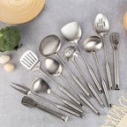 18/10 Stainless Steel Kitchen Utensils Set - 15” All Metal Cooking Tools, 11PCS - 2 Tongs, Fork, Solid Spoon, Slotted Spoon, Spatula, Soup Ladle, Skimmer, Slotted Spatula, Spaghetti Spoon, Large Spoon