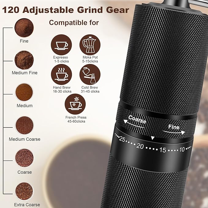 Coffee Grinder, 120 External Adjustable Settings Manual Coffee Grinder, Hand Burr Coffee Bean Grinder with Handle Crank for French Espresso Moka, Stainless Steel Conical Burr Mill, Capacity 28g