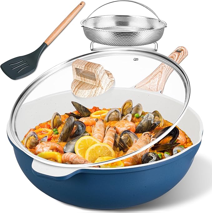 AOSION 12 Inch Nonstick Ceramic Deep Frying Pan,5.5QT Sauté Pan with lid,Large Skillet with Steam Rack,Healthy Jumbo Cooker,Stay Cool Handle,Induction Compatible, PFOA & PFAS Free. (BLUE)