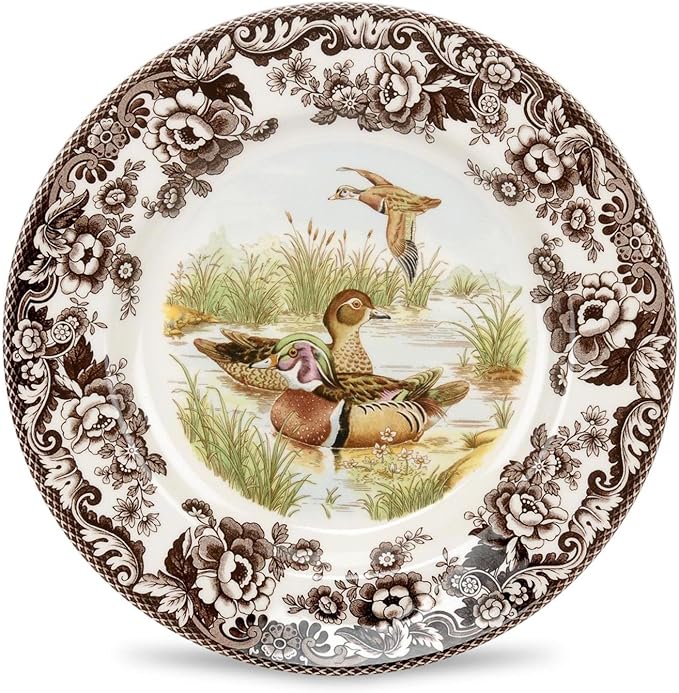Spode Woodland Wood Duck Salad Plate - Wildlife Design with British Flowers Border, Holiday Dinnerware for Salad, Dessert or Appetizers, 8" Fine Porcelain - Dishwasher, Microwave, Freezer & Oven Safe