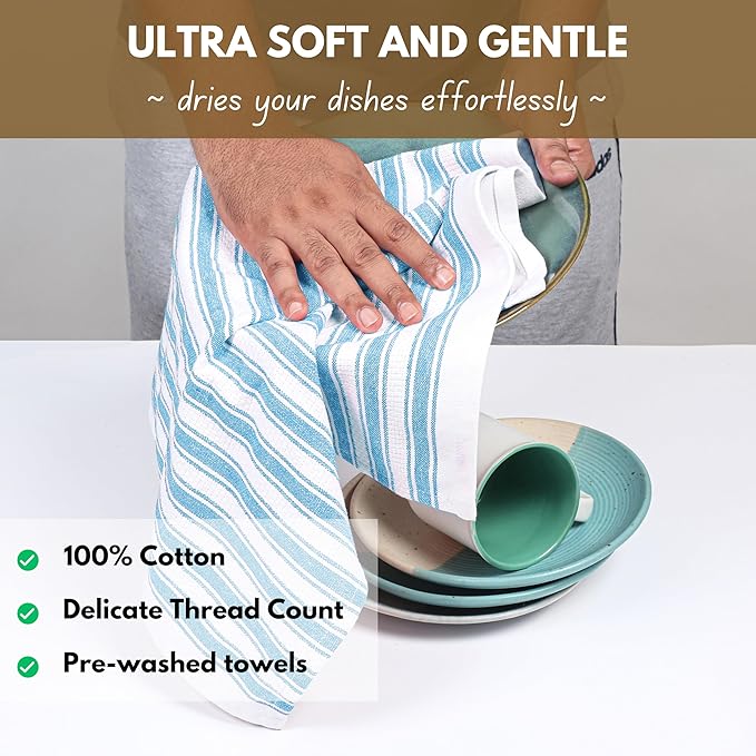 Native Fab Cotton Kitchen Towels - 16x26 inches - Set of 4 - Basket Weave Stripe Dish Towels for Cleaning, Drying Dishes, Absorbent Dish Cloths Set with Hanging Loop - Turquiose Blue