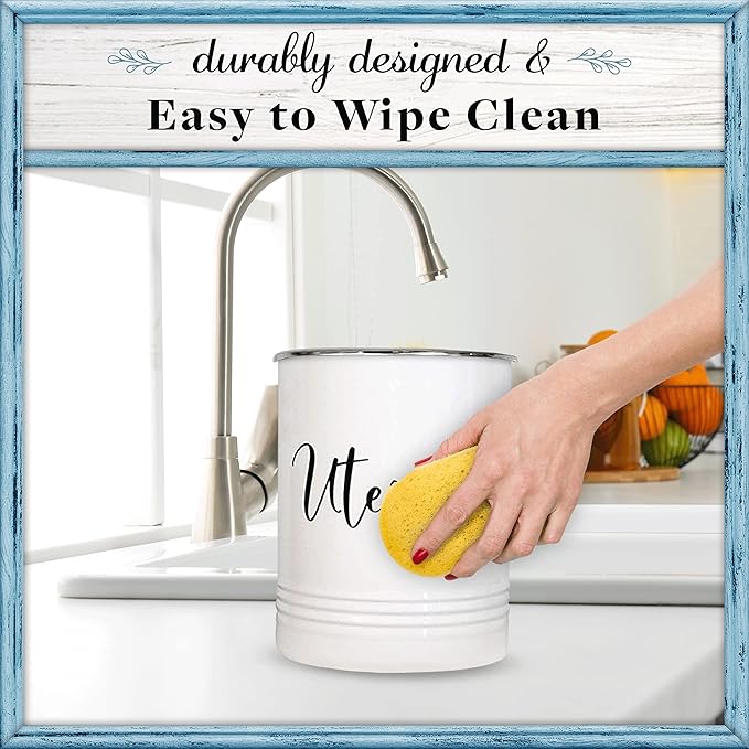 Home Acre Designs Vintage Farmhouse Utensil Holder - Stylish Countertop Organizer and Kitchen Decor Caddy - Stainless Steel Rim - White