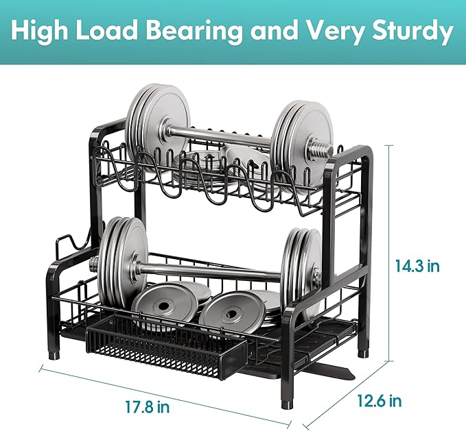 BOOSINY Dish Drying Rack and Drainboard Set for Kitchen Counter, 2 Tier Large Stainless Steel Sink Organizer Dish Racks with Cups Holder, Utensil Holder, Black Dish Strainer Shelf