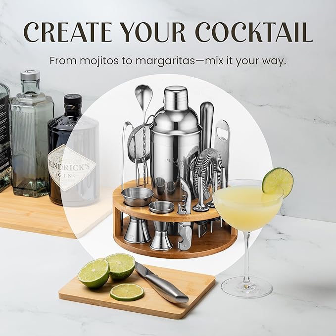 Mixology & Craft Bartender Kit – 15-Piece Cocktail Shaker Set with Bar Tools, Premium Stainless Steel Drink Mixer Accessories for Home Bar, Includes Bamboo Stand, Plus Exclusive Recipe Cards (Silver)