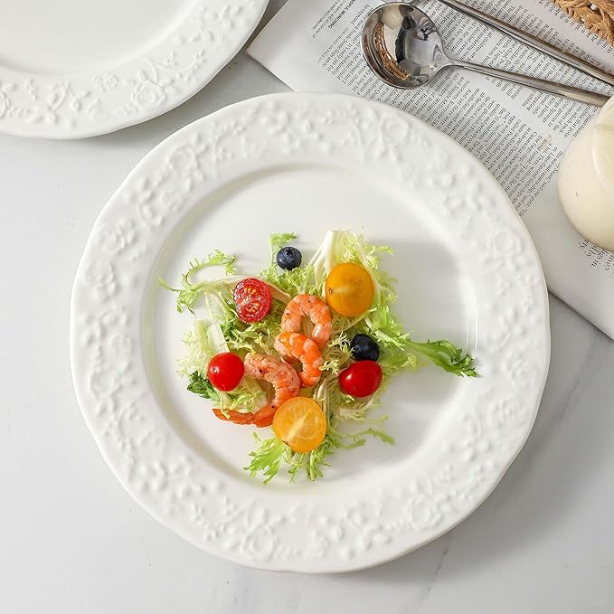 Neaylfe 10 inch Ceramic Dinner Plates, Set of 6, Embossed White Salad Plates, Round Kitchen Dining Plates for Restaurant, Porcelain Serving Dishes for Lunch, Pizza, Buffet, Steak, Bread