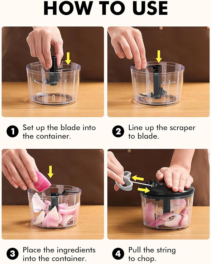 GDL Food Chopper, Pull Onion Chopper Dicer, Hand Powered Food Chopper, Fast Cutting Hand Chopper Mincer for Oinon, Garlic, Nut, 3.4 Cups 0.8L, Black