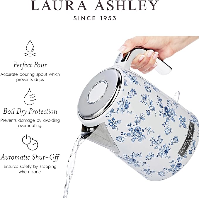Laura Ashley Stainless Steel Electric Kettle 1.7 Liter - 1500W Rapid Boil Electric Kettles for Boiling Water - Electric Tea Kettles Automatic Shut Off - Overheat & Boil Dry Protection Jug Kettle