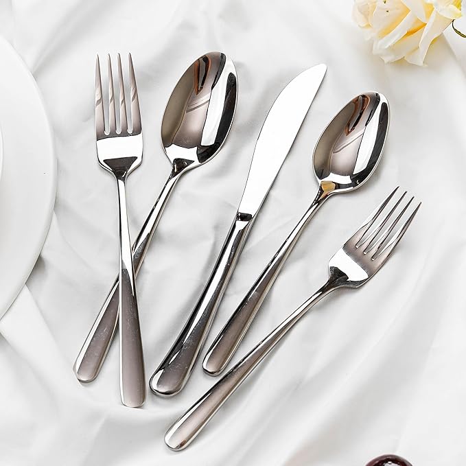 Silverware Set, Flatware Set – 18/10 Stainless Steel with Steak Knives, Mirror Polished, Ergonomic Handles, Dishwasher Safe, Perfect for Home, Party, Wedding, 20-Piece for 4 (Silver)