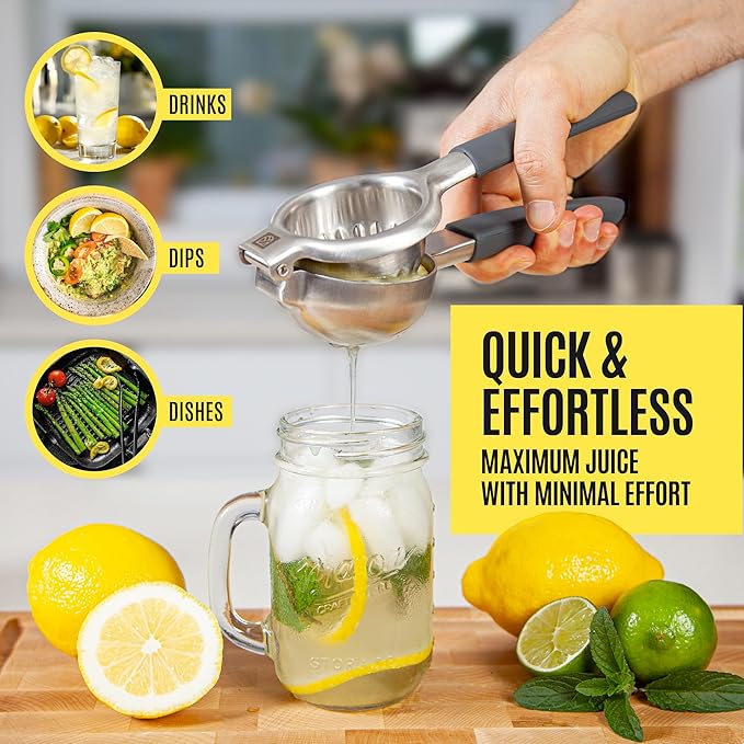 Large Lemon Squeezer Stainless Steel Press - Non-Slip Grip, Heavy Duty, Manual Design - Effortless Pro-Grade Lemon, Lime, Orange, and Citrus Fruit Hand Held Lemon Juicer Squeezer - No Seeds, Max Juice