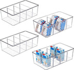 Vtopmart 4 Pack Food Storage Organizer Bins, Clear Plastic Bins for Pantry, Kitchen, Fridge, Cabinet Organization and Storage, 4 Compartment Holder Packets, Snacks, Pouches, Spice Packets