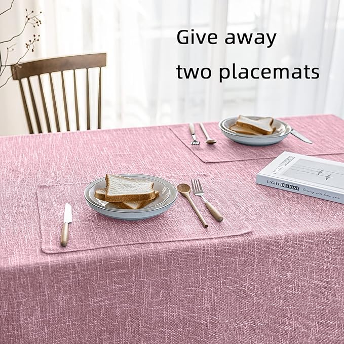 Waterproof Cotton Linen Thick Tablecloths Rectangle Dining Table Cloth, Wipe Clean Indoor & Outdoor Table Cover for Kitchen Party and Banquets, Wrinkle Resistant（54"x86"） Pink