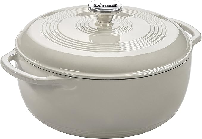 Lodge 6 Quart Enameled Cast Iron Dutch Oven with Lid – Dual Handles, Oven Safe up to 500°F, Stovetop Compatible – Marinate, Cook, Bake, Refrigerate & Serve – Oyster White