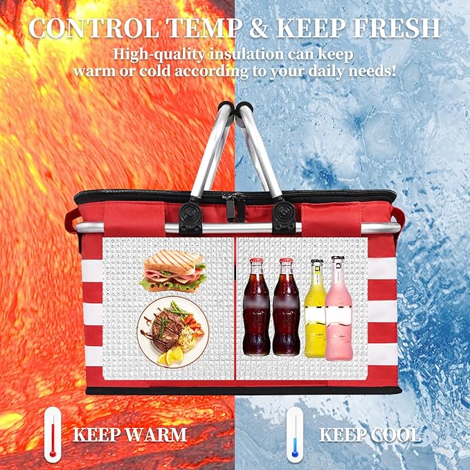 Insulated Picnic Basket,Leak-Proof Collapsible Cooler Bag,26L Grocery Basket with Lid,2 Sturdy Handles,Storage Basket for Picnic,Food Delivery,Take Outs,Market Shopping,Travel (Star)