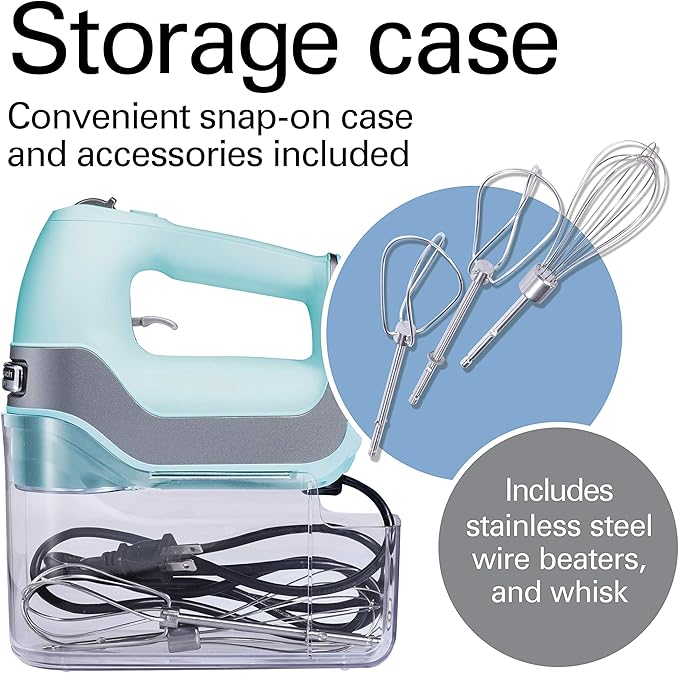 Hamilton Beach Professional 5-Speed Electric Hand Mixer with Snap-On Storage Case, QuickBurst, Stainless Steel Twisted Wire Beaters and Whisk, Mint (62658)