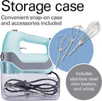 Hamilton Beach Professional 5-Speed Electric Hand Mixer with Snap-On Storage Case, QuickBurst, Stainless Steel Twisted Wire Beaters and Whisk, Mint (62658)