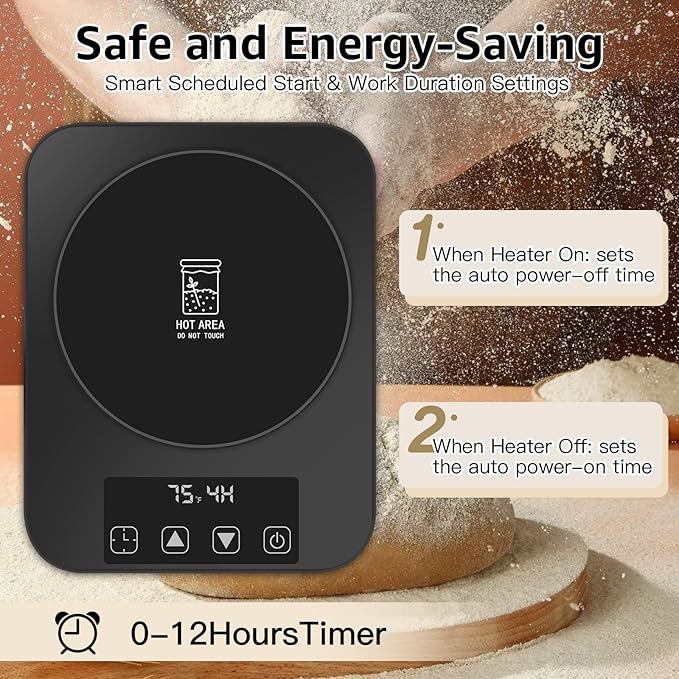 Sourdough Starter Warmer– Precise 1°F Thermostat Control (70–100°F), Auto On/Off, 12-Hour Timer, Fits Jars Up to 40oz, Ideal for Home Baking and Fermentation(Black)