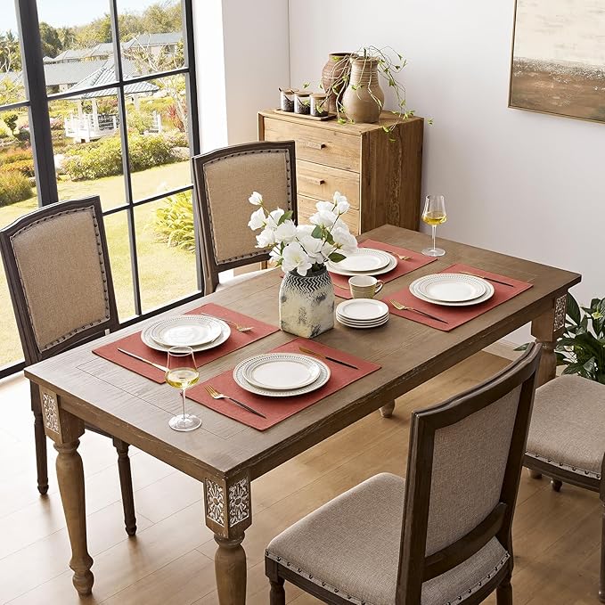 Romanstile Cloth Placemats Set of 4-12 x 18 Inch, Heat Resistant Double Layered Thickened Burlap Fall Place Mats, Washable Faux Linen Farmhouse Table Mats for Kitchen/Dining/Party/Outdoor, Orange