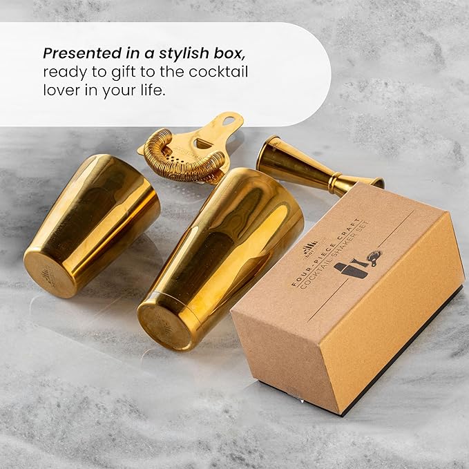 A Bar Above Cocktail Shaker Set, 4-Piece Professional Bartender Kit with Boston Shaker, Strainer, Jigger, and Bar Spoon, Stainless Steel Bar Accessories for Craft Cocktails, Antique Copper