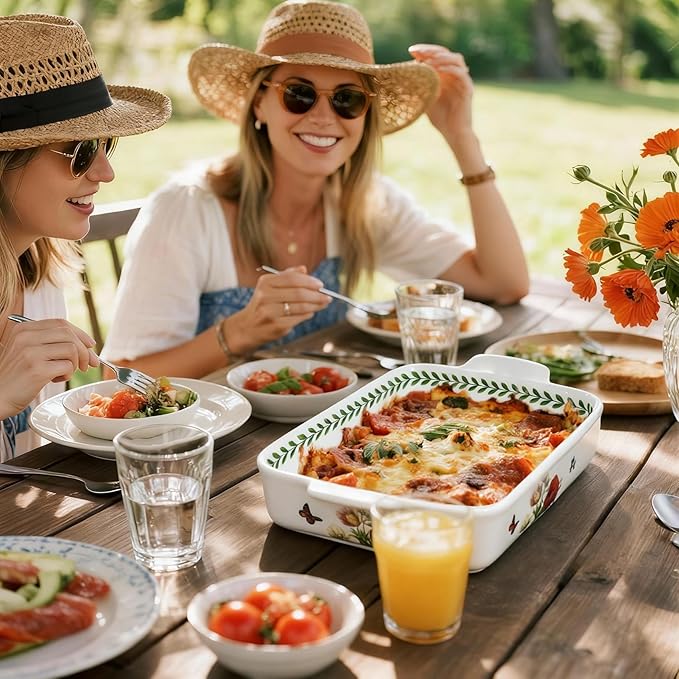 ACMLIFE Ceramic Casserole Dish for Oven, Floral Baking Dishes for Oven Lasagna Pan, Large Baking Dish with Handles, Durable and Oven Safe Pan, for Roasting and Baking, Gift Packaging 2 Pcs Set(13"x8"+10.3"x6.3") (Iris)