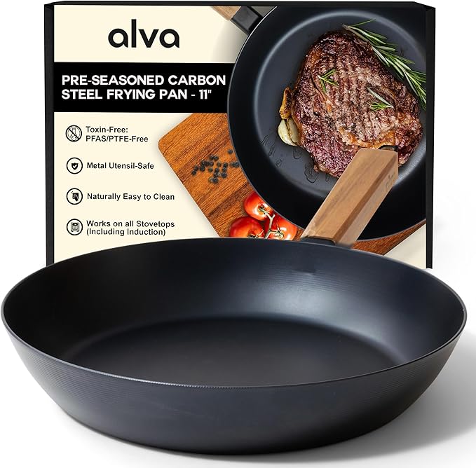 Alva Forest 11" Carbon Steel Frying Pan – Naturally Nonstick, Pre-Seasoned, with Acacia Wood Handle, Made Without PTFE, PFOA, PFAS – Sustainable Belgian Design, Induction & All-Stovetop Safe