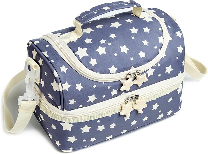 Kids Dual Compartment Lunch Bags Tote for Boys Girls Toddler Lunch Boxes Pre-School Toddler Kindergarten Picnic Camp Food Cooler Thermal with Strap (Yellow Star)