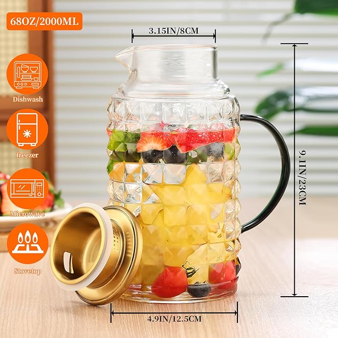 2 Liter (68oz) Glass Pitcher with Lid and Spout, Heavy Duty Water Jug with Handle Borosilicate Heat Resistant Carafe for Hot/Cold Drinks -for Iced Tea, Coffee, Lemonade, Infused Water