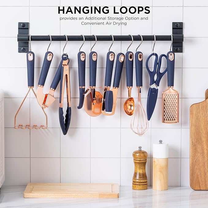 COOK WITH COLOR Kitchen Gadget Set Copper Plated Stainless Steel Utensils with Soft Touch Handles, Copper Navy, 10 Pieces