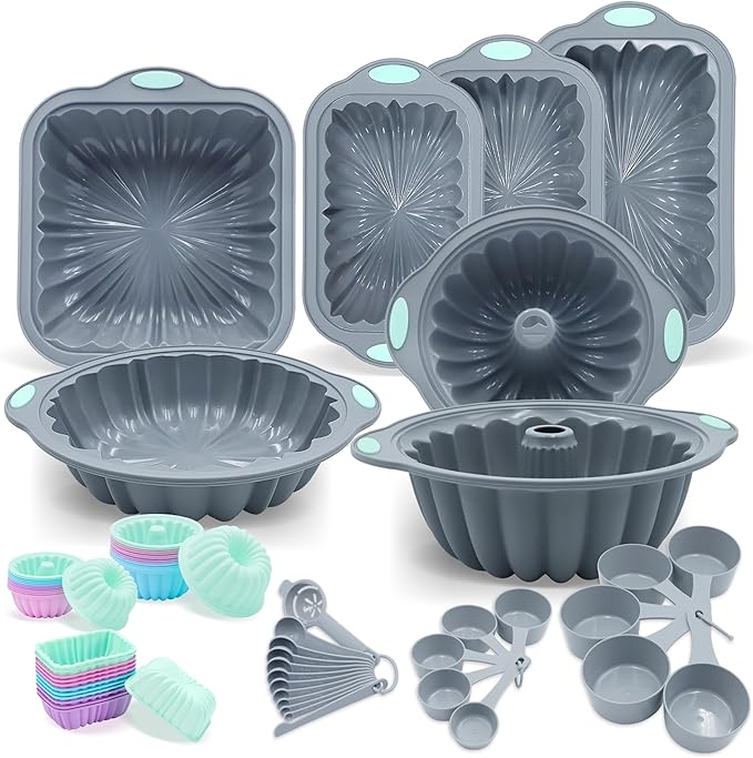To encounter 65 Pieces Silicone Baking Pans Set, Metal Framed Silicone Tube Cake Pans, Nonstick Fluted Loaf Pans for Muffin, Cake, Bread, with Measuring Cups and Spoons Set, Light Grey