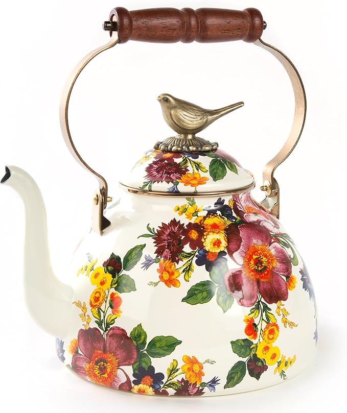 MACKENZIE-CHILDS Enamel Tea Kettle, Cute Kitchen Kettle for Stovetop, 3-Quart Capacity, White Flower Market with Bird Topper