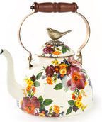 MACKENZIE-CHILDS Enamel Tea Kettle, Cute Kitchen Kettle for Stovetop, 3-Quart Capacity, White Flower Market with Bird Topper
