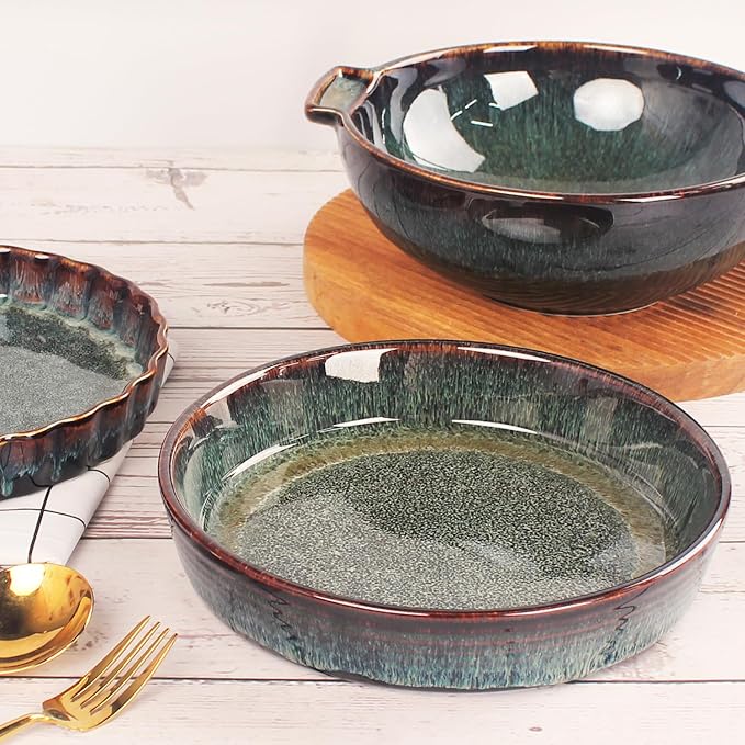 Ceramic Pie Pan Quiche Baking Dish Set of 2, Round 7.5 Inch Au Gratin Baking Dishes, 17 Ounces Non-Stick Tart Pan, Pie Plate for Apple, Oven, Dishwasher and Microwave Safe