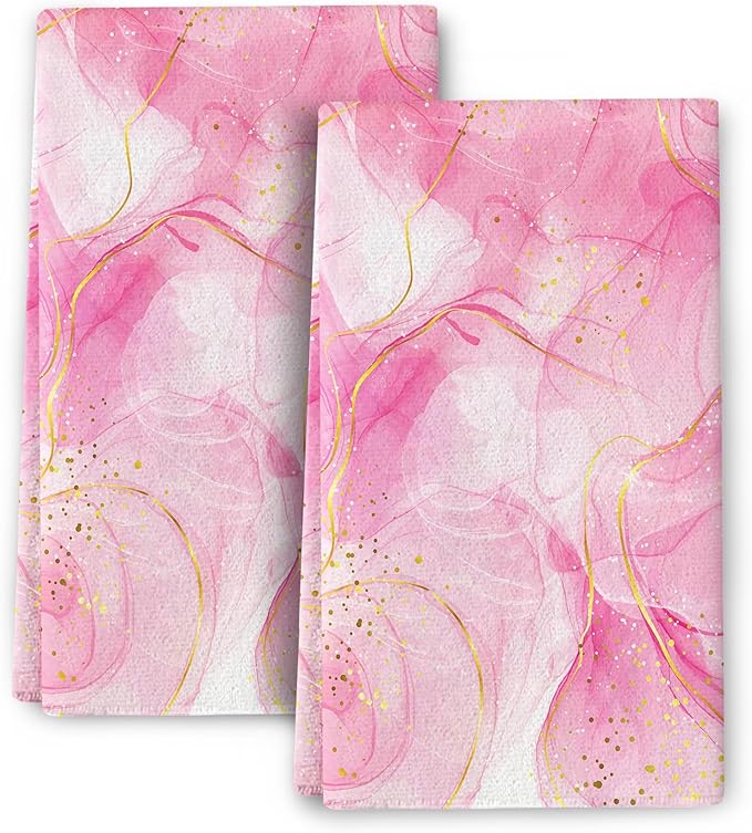 Pink Marble Kitchen Dish Towels and Dishcloths Sets of 2 Abstract Modern Dish Cloths Set, Absorbent Tea Towels Hand Towels for Kitchen Bathroom Bar Decor,Housewarming Gifts for Women