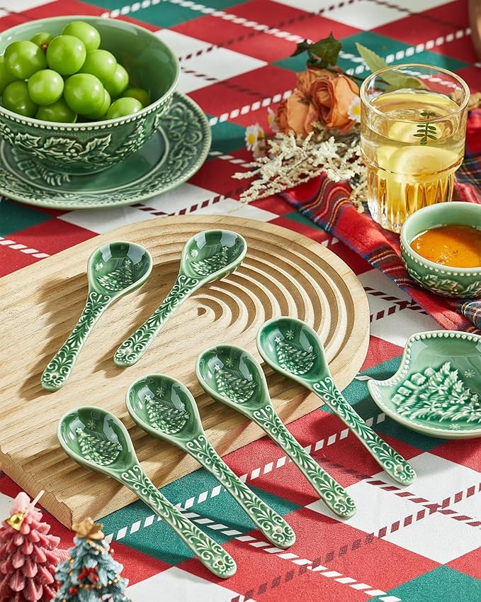 Christmas Tree Spoons, Ceramic Small Serving Spoons for Soups, Cereal, Ice Cream, Condiments, Dips, Charcuterie Boards, Dishwasher & Microwave Safe, Green, Set of 6