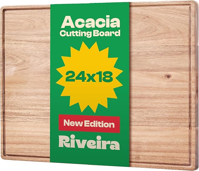 Riveira Acacia Wood Cutting Board – Gourmet Acacia Grandeur: 24 x 18 Wooden Cutting Board – Natural Wooden Cutting Boards For Kitchen Decorative – Innovative Juice Grooves Acacia Wooden Chopping Board