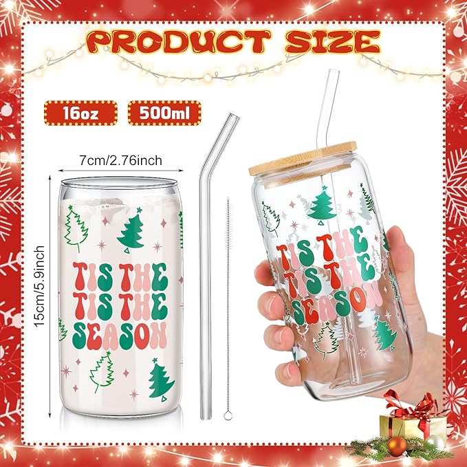 6 Pcs Christmas Glasses 16 oz Xmas Glass Cups with Lid and Straw Can Shaped Beer Tumbler Christmas Appreciation Gifts for Women Teenager Birthday Party Favor