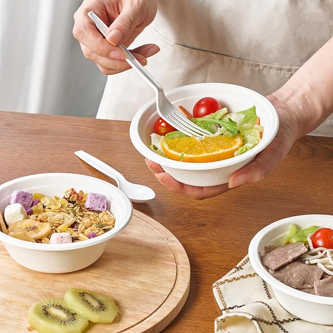 ECOLipak 150 Pack Compostable Paper Bowls, 8 oz Heavy-Duty Disposable Biodegradable Soup Bowls Made of Natural Bagasse, Suitable for Salad, Dessert, Milk, Cereals