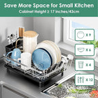 MOUKABAL Dish Drying Rack - Stainless Steel Dish Rack, Dish Racks for Kitchen Counter, Drying Rack Kitchen with Removable Utensil Holder, Drainboard and Glass Organizer (Black)