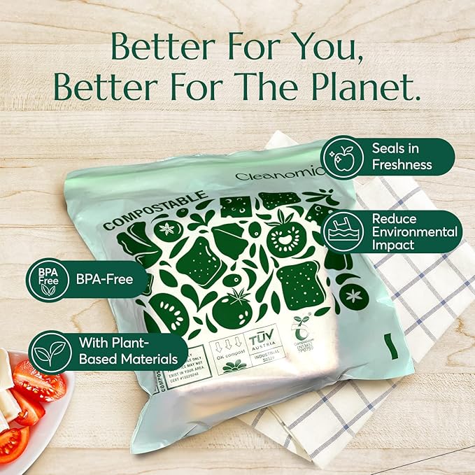 Cleanomic Compostable* Sandwich Size Food Storage Bags (25 Eco Zip) Freezer and Leak Proof, Also Available Gallon, Quart and Snack Size Bags