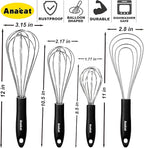 Anaeat Stainless Steel Kitchen Whisk Set of 4, Milk and Egg Beater Blender with Thick Wire for Whisking, Cooking, Baking, Beating and Stirring - 11'' Flat Whisk and 8.5''+10.5''+12'' Balloon Whisks